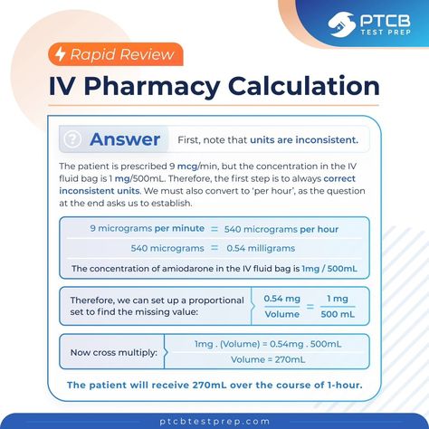 💉IV pharmacy calculation questions are very commonly asked on the PTCB exam. Here, we review a sample question. Try the question first before reading more about the correct answer on the second slide. As always with math questions: - ensure that units are consistent throughout the question / answer process. - never skip steps; always work line by line. - ask yourself about the answer you arrive at: does it make sense? For instance, if 500mL is to be diluted, then the figure cannot be les... Ptcb Exam, Reading More, Iv Fluids, Math Questions, Ask Yourself, Test Prep, The Question, Question And Answer, Make Sense