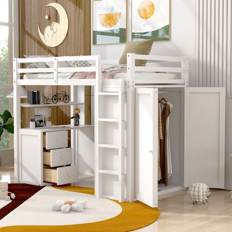 Desk And Wardrobe, Trundle Bed With Storage, Desk Wardrobe, Bed With Wardrobe, Loft Bed With Desk, Loft Bed Frame, Bed With Desk, Bed Frame With Drawers, Twin Size Loft Bed