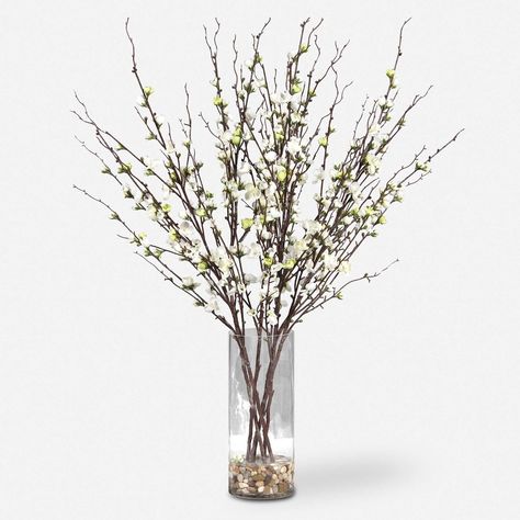 Quince Blossoms Silk Centerpiece | Uttermost Quince Branches, Clear Glass Vase, Kitchen Candles, Clear Glass Vases, Blossom Design, Natural Rock, Faux Plants, Chandeliers And Pendants, Modern Outdoor