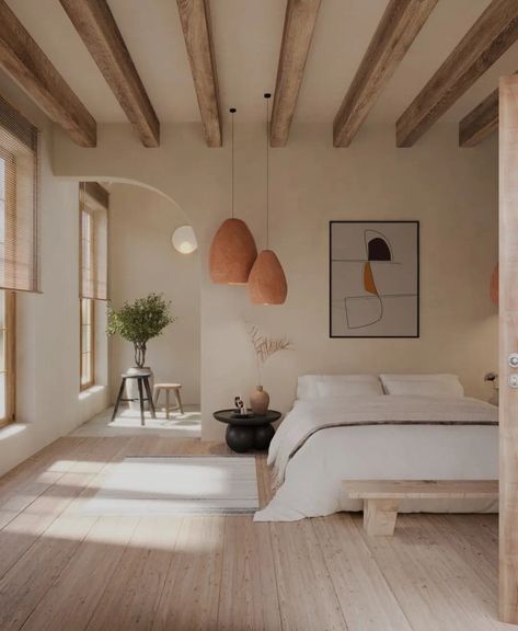 Bedroom Inspirations Master Cozy, Earth Tones Bedroom Decor, Scandinavian Interior Design Inspiration, Bedroom Inspirations Master, Italy Architecture, Scandinavian Interior Design, Wooden Beams, Decoration Inspiration, Cozy Decor