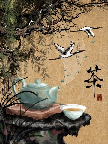 Willow Illustration, Tea Painting, Tea Friends, Chinese Drawing, Tea Print, Spring Drawing, Tea Wallpaper, Tea Illustration, Chinese Illustration