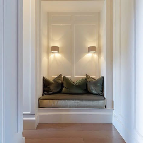 Custom velvet cushions for this mini entryway nook 💚 #clienthouse Entrance Nook, Entryway Sitting Area, Mini Entryway, Cozy Townhouse, Entryway Nook, Entry Nook, Living Room Nook, Sitting Nook, New Home Wishes