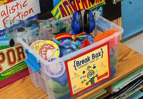 How to Create a Break Box to Stimulate your Child by Illana Danneman - "Neat fidgets, heavy work tools, calming items and much more to awaken, integrate and stimulate the senses." Fidget Box Classroom, Send Classroom Ideas, Special Needs Teaching, Friendship Circle, Special Needs Teacher, Inclusive Classroom, Special Needs Resources, Sped Classroom, Classroom Management Tool