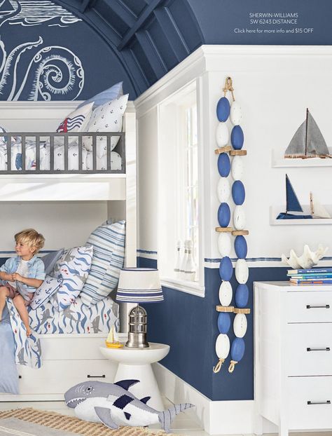 pottery barn kids Shark Themed Bedroom Boy Rooms, Pottery Barn Kids Bedroom, Shark Bedroom Boys, Boys Shark Bedroom, Pottery Barn Boys Room, Boys Ocean Bedroom, Ocean Room Kids, Shark Bedroom Ideas For Kids, Kids Ocean Bedroom