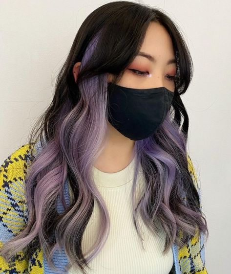 Light Brown Hair With Purple, Brown Hair With Purple, Purple Peekaboo Highlights, Purple Peekaboo Hair, Hairstyle 2022, Hair With Purple, Under Hair Color, Purple Brown Hair, Purple Hair Highlights