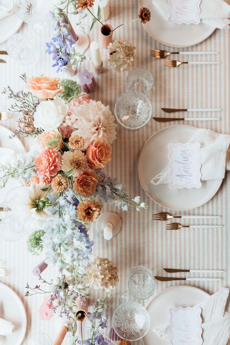 Colourful Pastel Wedding Flowers, Pastel Color Theme Wedding, Pastel Wedding Flowers Table, Pastel Rustic Wedding, Pastel Colour Wedding Theme, Pastels Wedding Theme, Apricot Wedding Theme, Light Pastel Wedding, Pastel Table Setting