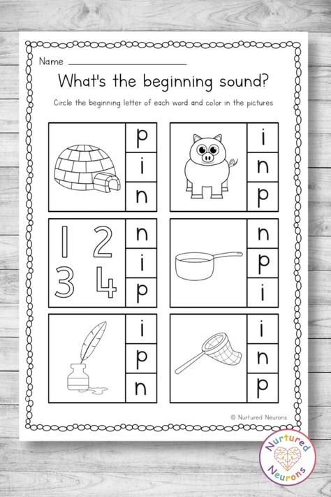 These beginning sounds worksheets are a lovely way to help practice and develop those early reading and pencil skills. This phonics activity covers the letters p, i, and n. They'll have to segment the word to find out the initial sound - then they can color the cute pictures! You can grab them over at Nurtured Neurons today! #phonics #phonicsworksheets #phonicslearning #phonicsactivity #preschool #kindergartenworksheets #phonicsgame #earlyyears #earlyreading #eyfs #satpin Satpin Worksheets Free, S A T I P N Worksheets, Satpin Phonics Worksheets, Satpin Activities Eyfs, Satpin Activities, Phonics Worksheets For Kindergarten, Initial Sounds Worksheets, Best Gifts For Toddlers, Kindergarten Phonics Activities