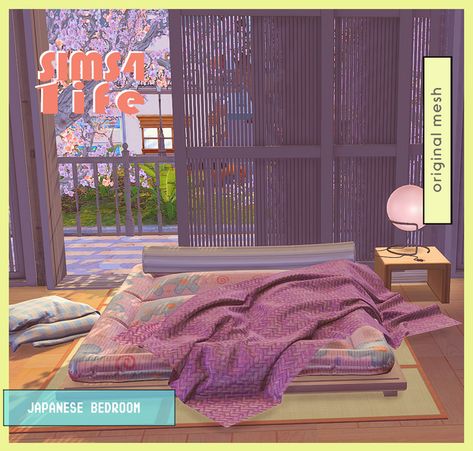 Sims 4 Japanese House, Japanese Bedroom Aesthetic, Japanese Bedroom Ideas, The Sims 4 Pack, Japan Furniture, Sims 4 Content, Japanese Bed, Japanese Bedroom, Sims 4 Anime