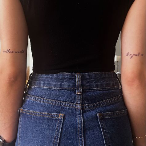 Back Of The Elbow Tattoo Words, Back Arm Above Elbow Tattoo, Word Tattoo Above Elbow, Behind The Elbow Tattoo Simple, Tatoos Above The Elbow, Back Of Arm Script Tattoo, Back Upper Arm Tattoos For Women, Love Actually Tattoo, Matching Elbow Tattoos