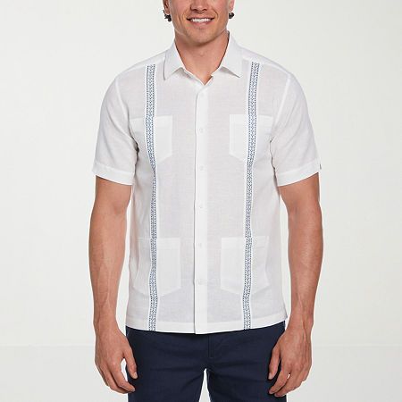 A classic look for the warm weather, this men's guayabera shirt from Cubavera helps you look and feel your best. Crafted from a breathable linen-cotton blend, this short sleeve button-down shirt embraces traditional guayabera styling with four pockets and geometric embroidered panels on the front.Closure Type: ButtonFit: Classic FitNeckline: Collar NeckPockets: 2 Front Slip Pockets, 2 Chest Slip PocketsSleeve Length: Short SleeveSleeve Style: Cuffed SleeveApparel Length: 28.5 Inches - BackFiber Mens Guayabera Shirts, Guayabera Shirt, Button Front Shirt, Mens Big And Tall, Shirt White, Classic Looks, Workout Shorts, Shirts Tops, Button Up Shirts