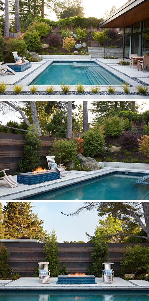 This backyard is fully landscaped and includes a pool, a firepit, a barbeque and a space for outdoor dining. Moderne Pools, Backyard Dining, Pins Board, Modern Pool, Modern Fire Pit, Eichler Homes, Water Landscape, House Remodeling, Patio Projects