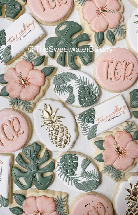 Tropical Theme Cookies Decorated, Tropical Leaf Cookies Decorated, Tropical Leaf Cookies, Monstera Leaf Cookies Decorated, Monstera Leaf Cookies, Hawaiian Birthday Cookies, Tropical Bridal Shower Cookies, Tropical Birthday Cookies, Tropical Theme Cookies