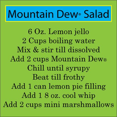 Mountain Dew® Salad Mountain Dew Jello Salad, Mountain Dew Salad, Jello Dishes, Congealed Salads, Easy Fruit Salad, Congealed Salad, Jello Mold Recipes, Fluff Salad Recipes, Mt Dew