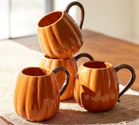 Pumpkin Mug, Set of 4 Pottery Barn Pumpkin, Pumpkin Cottage, Trick Or Treat Costume, Pottery Home Decor, Pumpkin Mug, Christmas Coffee Bar, Glass Pumpkins, Bar Set Up, Autumn Thanksgiving