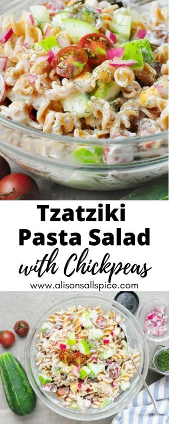 Tzatziki Pasta Salad with Chickpeas Healthy Summer Salads Clean Eating, Tzatziki Pasta Salad, Tzatziki Pasta, Easy Light Dinner, Pasta Salad With Chickpeas, Chickpea Pasta Salad, Greek Yogurt Pasta, Salad With Chickpeas, Dinner Bell