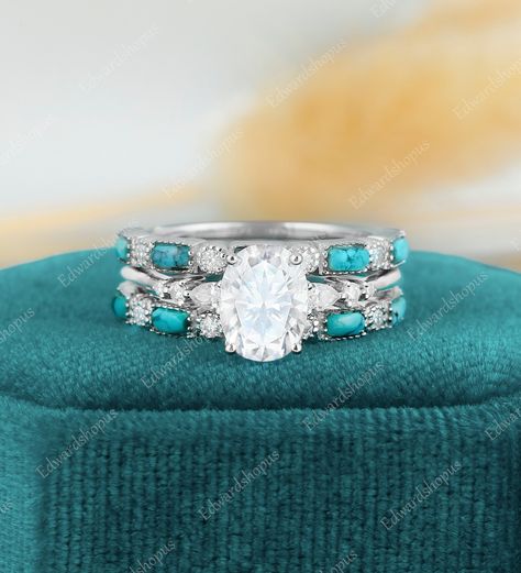 3PCS Oval Moissanite Engagement Ring Set Vintage White Gold Pear Shaped Diamond Turquoise Wedding Band Bridal Set Promise Gift for Women - Etsy Oval Engagement Ring With Turquoise Wedding Band, Unique Turquoise Wedding Rings, Simple Turquoise Wedding Rings, Diamond Turquoise Engagement Ring, Wedding Rings With Turquoise Accent, Engagement Rings Turquoise Diamond, Diamond Engagement Ring With Turquoise Band, Wedding Rings With Turquoise Band, Silver Western Engagement Ring