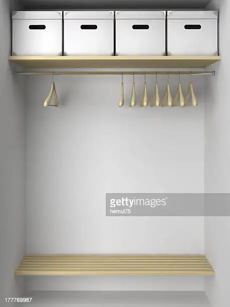 Empty Wardrobe With Hangers And Boxes High-Res Stock Photo - Getty Images Boxes Illustration, Organization Tips, Free Stock Photos Image, Closet Organization, Hangers, Storage Bench, Stock Illustration, Shelves, Home Decor Decals