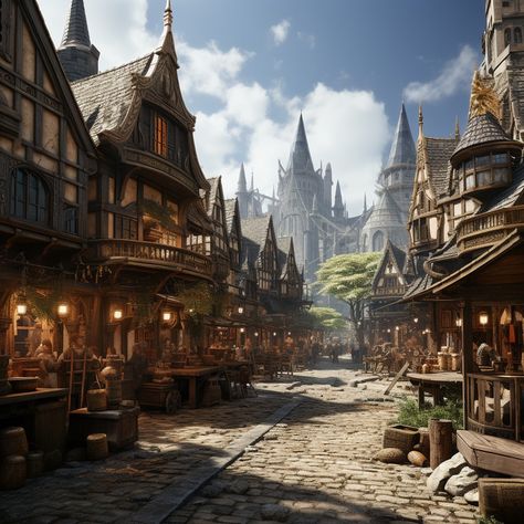 Medieval market Town Market Fantasy Art, Castle Medieval Aesthetic, Midevil Village Aesthetic, Medival Towns Cities, Medieval Market Aesthetic, Midevil Market, Dnd World Art, Village Aesthetic Medieval, Fantasy Hero Aesthetic