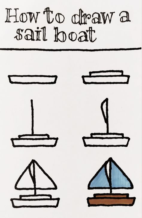 How to draw a sail boat, sail boat doodle, doodles, little tutorial, step by step, 6 steps, easy Boat Doodle, Grade 1 Art, Cool Easy Drawings, Birthday Present For Boyfriend, Doodle Art For Beginners, Boat Drawing, Sketch Note, Easy Drawings For Kids, Bullet Journal Aesthetic