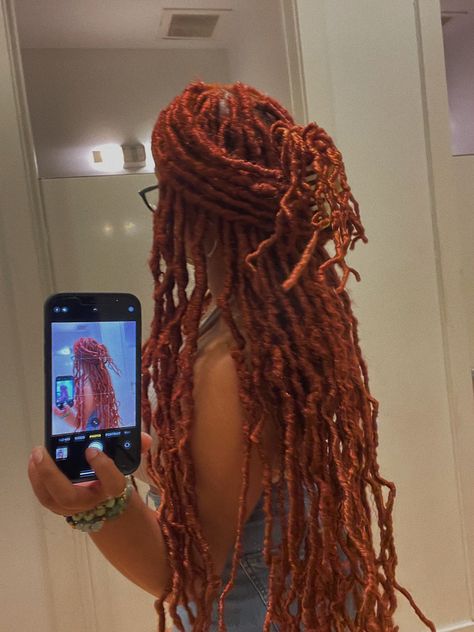 Faux Locs Hairstyles Ginger, Long Ginger Faux Locs, Faux Locs Red And Blonde, 350 Faux Locs, Ginger Soft Locs Black Women, Orange Faux Locs, 350 Locs, Ginger Faux Locs Black Women, Ginger Goddess Locs