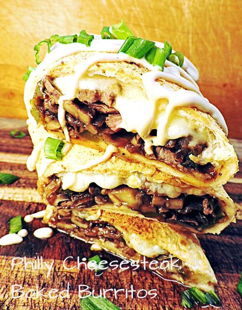 Philly Cheesesteak Baked Burritos Baked Burritos, Cheese Steak, Philly Cheese, Burritos Recipe, Tacos And Burritos, Philly Cheesesteak, Philly Cheese Steak, Steak Recipes, Stuffed Green Peppers