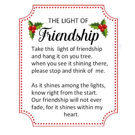 Friendship Tags Printable, Light Of Friendship Poem Printable Free, Light Of Friendship Poem Printable, Light Of Friendship Ornament Printable, Lightbulb Ornaments Christmas Diy, Friendship Ornaments Diy, Christmas Friendship Quotes, Light Of Friendship, Friendship Ornaments