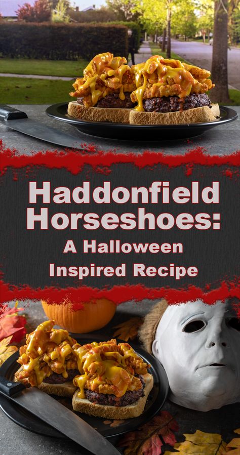 The Geeks have recreated a Midwest favorite with a spooky twist! The Haddonfield Horseshoe is inspired by the movie Halloween and is perfect for the holiday! 2geekswhoeat.com #HalloweenRecipes #MidwestRecipes #Halloween Horror Treats, Midwest Recipes, Midwestern Food, Movie Inspired Recipes, Spooky Foods, Celebration Recipes, February Recipes, Pasteles Halloween, Movie Food