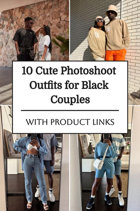 Discover adorable and simple outfit ideas for your black couple photoshoot that perfectly blend aesthetic charm with heartfelt moments. Get inspired and elevate your photography game with cute styles that celebrate love and connection! Photoshoot Ideas Black Couples, Cute Photoshoot Outfits, Black Couples Photoshoot Outfit, Couple Poses For Pictures Casual, Black Couple Photoshoot, Couple Fall Outfits, Simple Outfit Ideas, Cute Photoshoot, Casual Engagement Photos