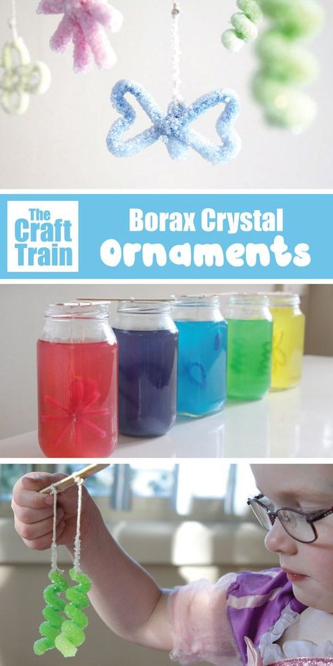 Borax Crystal Ornaments, Borax Crystals, Train Ornament, Stem Crafts, Preschool Science, Crystal Ornament, Pipe Cleaners, Science Experiment, Diy Making