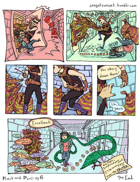 Type: Fan Art, Anime(s)/Show(s): Tumblr/DC Nation, Character(s): First panel Right to Left: Purl, The Knitter, Comment: Page 5 of The Knitter Comic. The Knitter, Knit Purl, Online Comics, Comics Story, Dc Memes, Dc Movies, Short Comics, How To Purl Knit, Cute Comics