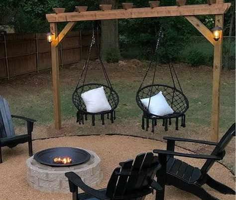 Fire Pit Swings, Backyard Hammock, Outdoor Fire Pit Designs, Fire Pit Landscaping, Backyard Swings, Fire Pit Seating, Diy Backyard Landscaping, Backyard Lighting, Backyard Diy Projects