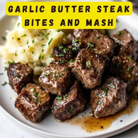 Garlic Butter Steak Bites and Mash - Home and Gardening Ideas Steak And Mushroom Bites, Garlic Butter Steak Bites Instant Pot, Garlic Steak Bites, Garlic Butter Steak Bites Stovetop, Steak Bites With Garlic Butter, Garlic Butter Steak Bites, Garlic Steak, Slow Cooker Potatoes, Garlic Butter Steak