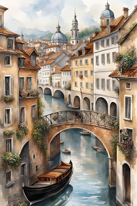 Classic style AI generated fantasy city landscape inspired by a famous old European city Venice City Painting, Old City Painting, Painting Ideas Paris, Fantasy City Landscape, City Landscape Drawing, Rome Painting, Cityscape Drawing, Pink Canvas Art, Venice Painting