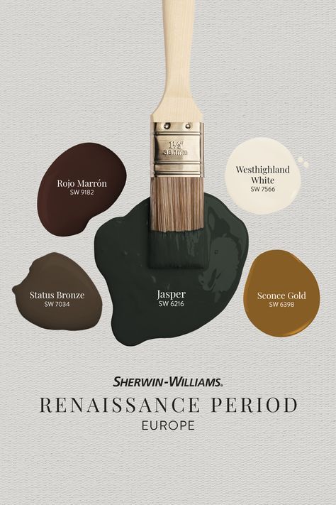 Bold sophistication meets revitalization in this European Renaissance palette. Perfect for an office or dining room, feel the inviting warmth as you enter the space. Tap this pin to order your FREE color chip samples. #sherwinwilliams #DIY #interiordesign #color #inspiration #paint #homeimprovement #homedecor #renaissance #Europe #vintage Paint Colors That Go With Brass Fixtures, Vintage Room Colors, Dark Paint Colors For Office, Speakeasy Paint Colors, 70s Paint Colors, Moody Dining Room Paint Colors, Salon Paint Colors Ideas, Office Room Colors, Gold Paint Colors For Walls