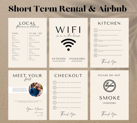 Airbnb Binder Template, Airbnb Book Template Free, Airbnb Check In Instructions, Airbnb Host Tips Signs, Airbnb Check Out Instructions, Airbnb House Rules Printable, Air Bnb Design Ideas, Airbnb Organization, Air Bnb Bedroom Ideas Decor