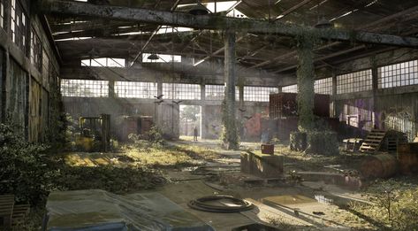 Warehouse Interior, Warehouse Project, Abandoned Warehouse, Apocalypse Aesthetic, 3d Environment, Perspective Drawing, Red Sky, Environment Design, Abandoned Buildings