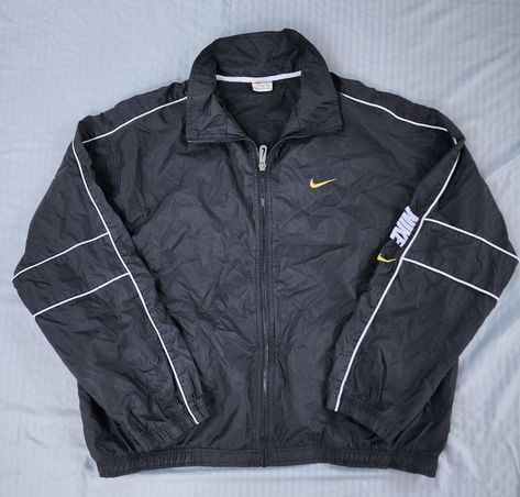 Vintage 1990s Black Yellow Swoosh Nike Windbreaker Jacket  In great condition  Semi Loose Cuffs 9.5/10 XL 27.5 x 28.5 Pit to Pit Any questions feel free to reach out! Nike Windbreaker Jacket, Nike Windbreaker, Vintage Clothes, Windbreaker Jacket, Black N Yellow, Favorite Outfit, Vintage Style, Vintage Outfits, Coats Jackets