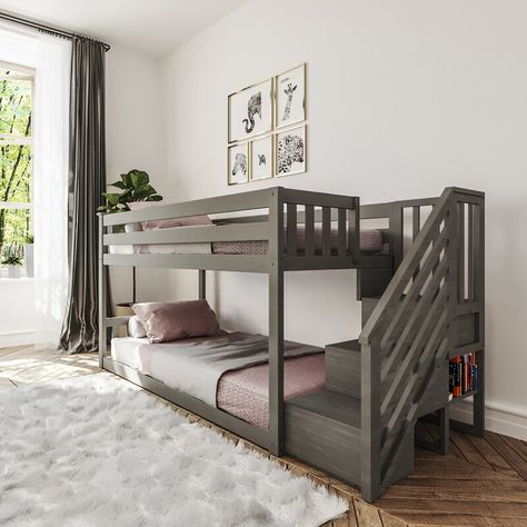 Harriet Bee Kean Twin Over Twin Bunk Bed & Reviews | Wayfair Plant Bedroom Decor, Kids Bunk Bed Rooms, Boys Toddler Room, Toddler Shared Room, Baby And Toddler Shared Room, Twin Beds For Boys, Low Bunk Bed, Girls Bunk Beds, Bed Measurements