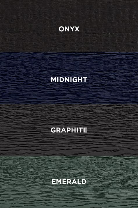 Black, navy blue, dark green, and dark gray siding colors are great exterior color options that make any house stand out. Explore other dark exterior house ideas to boost your curb appeal. Dark Teal Siding Exterior, Certainteed Midnight Blue Siding, Dark Exterior House Colors With Stone, Dark Navy House Exterior, Dark Exterior Siding, Dark Green Siding, Industrial Exterior House, Dark Gray Siding, Blue Siding House