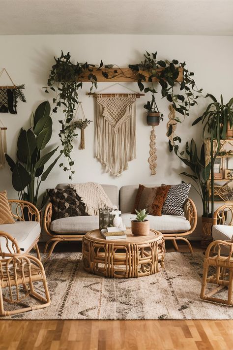 Boho Style Home Interior Design, Boho Jungle Living Room, Boho Waiting Area, Boho House Living Room, Tulum Condo, Apartamento Boho Chic, Boho Salon Ideas, Zen Den Ideas, Boho Wall Decor Ideas