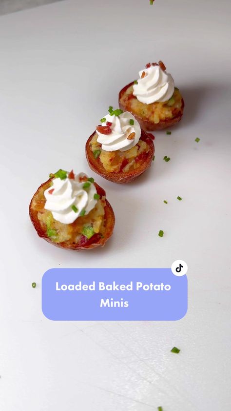 Loaded Baked Potato Minis (with crispy skin) #loadedbakedpotato #appet... | loaded baked potato | TikTok Chef Genevieve Lamonaca, Potato Tiktok, Chef Genevieve, Loaded Baked Potato, Loaded Baked Potatoes, Savory Appetizer, Bite Size, Creative Food, Baked Potato