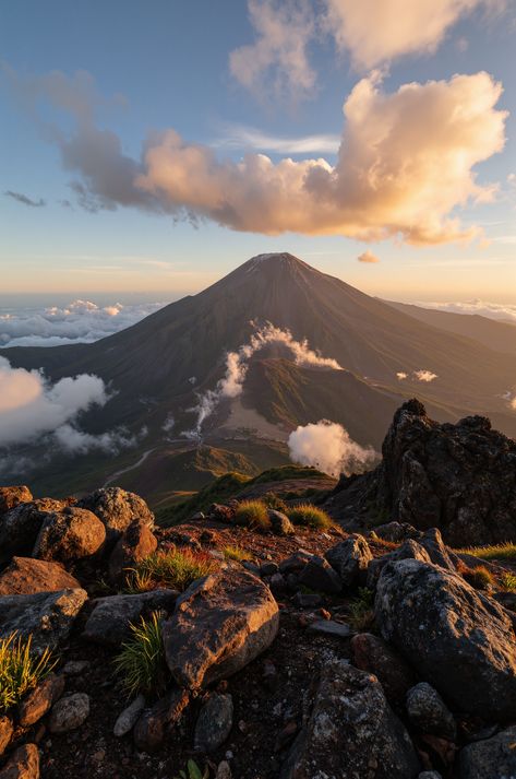 "Conquer Mount Apo, the Philippines' highest peak! Witness a majestic sunrise over a rugged volcanic landscape, with endemic flora and geothermal steam adding to the magic. This ultra-detailed photograph captures the raw beauty of Mindanao's wilderness. #MountApo #Philippines #Hiking" Mountain In Philippines, Mount Apo, Golden Morning, Volcanic Landscape, Cloud Formations, Mountain Photography, Raw Beauty, Morning Light, Amazing Adventures