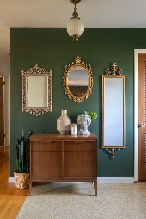 8 Dark Walls That Give Perfect Moody Vibes - My Breezy Room Dark Walls Mirror, Dark Academia Mirror Wall, Moody Greens Paint, Rooms With Dark Walls, Dark Green Wall Mirror, Moody Dark Room Photography, Dark And Moody Bedroom, Mirror Interior Design, Moody Vibes