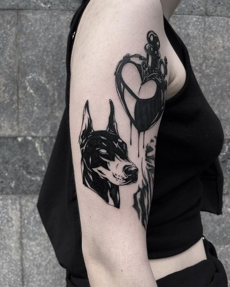 little doberman 🖤 made at @traphouse_tattoos_cologne #tattoo #blackwork #blactktattooart #blacktattoo #darktattoo #onlythedarkest #linetattoo #simpletattoo #ttoo #parloiruk #shadows #sad #contemporarytattooing #highcontrast #graphic #legtattoo #tattooedgirl #linework #blackworkerssubmission #darkartists #poland #brutaltattoo Doberman Tattoo, Dark Tattoo, Line Tattoos, High Contrast, Doberman, Leg Tattoos, Tattoo On, Black Tattoos, Simple Tattoos