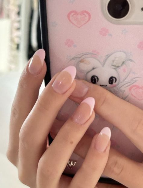 Short Almond Nail French Tip, Light Pink Nails With Design Simple, Easy Short Almond Nails, Acrylic Nails For Kids 10-12 Short French Tips, Nail French Tip Pink, Almond French Nails Pink, Light Pink French Tip Almond, Baby Pink Tip Nails, Baby Pink French Tip Nails Almond