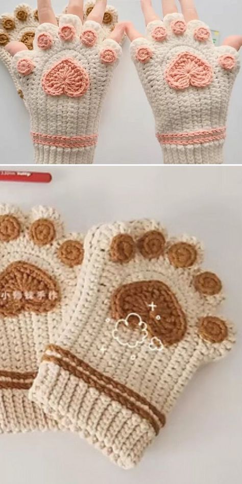 a pair of crochet fingerless socks with a paw print Crotchet Patterns Projects Free Beginner, Kat Haken, Crochet Mittens Pattern, Crochet Gloves Pattern, Gloves Pattern, Knitting Patterns Toys, Crochet Design Pattern, Crochet Fingerless Gloves, Crochet Mittens