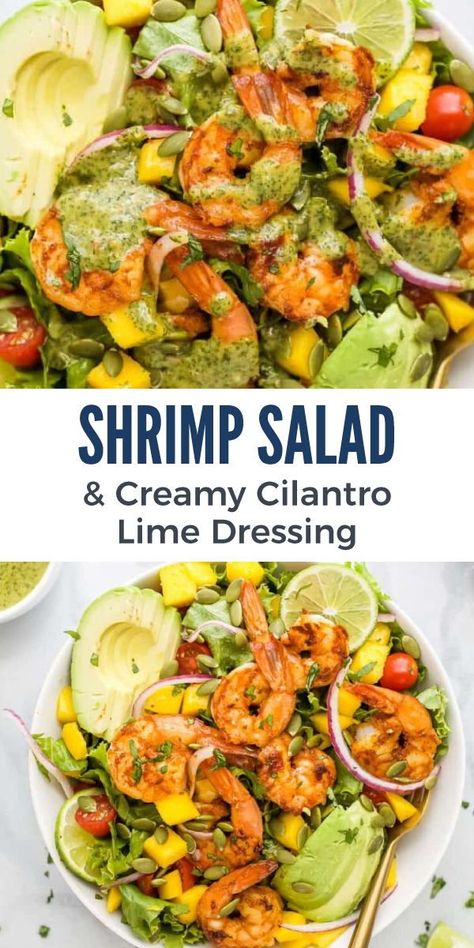 This wholesome Shrimp Avocado Mango Salad is a remarkably refreshing meal – you’ll want to whip it up whenever you’re hosting friends or family! Tangy cilantro lime dressing is drizzled over a dreamy mix of smoky pan-seared shrimp, juicy cherry tomatoes, nutty pepitas and more. Chicken And Shrimp Salad, Cilantro Lime Shrimp Salad, Mango Shrimp Salad, Healthy Dinner Party Recipes, Avocado Mango Salad, Shrimp Salads, Tropical Shrimp, Poolside Lunch, Salad Board