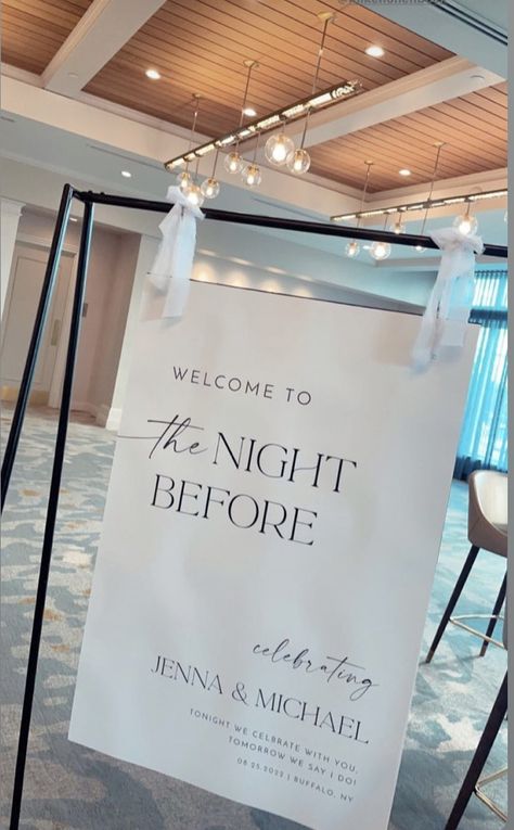 Wedding Signage Minimalist, White Rehearsal Dinner, Wedding Rehearsal Dinner Ideas Decor, Modern Rehearsal Dinner, Wedding Happy Hour Ideas, Wedding Welcome Cocktail Party, The Night Before, Rehearsal Dinner Signage, Rehearsal Dinner Ideas Decorations