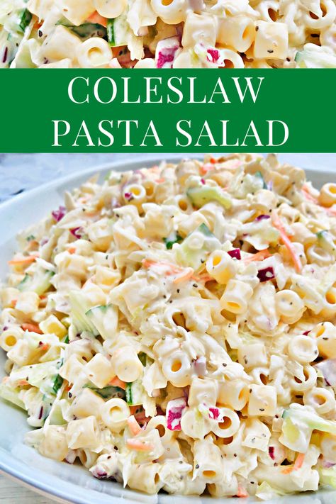 Pasta Coleslaw, Coleslaw Pasta Salad, Coleslaw Pasta, Hamburger Side Dishes, Rock Crock Recipes, Coleslaw Recipe Easy, Coleslaw Salad, Best Macaroni Salad, Potato Pasta