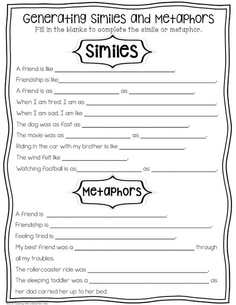 Metaphor Worksheet, Writing Metaphors, What Is A Metaphor, Simile Vs Metaphor, Simile And Metaphor, Simile Worksheet, Similes And Metaphors, Figurative Language, Educational Worksheets